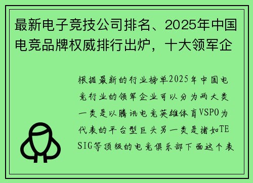 最新电子竞技公司排名、2025年中国电竞品牌权威排行出炉，十大领军企业重塑行业格局