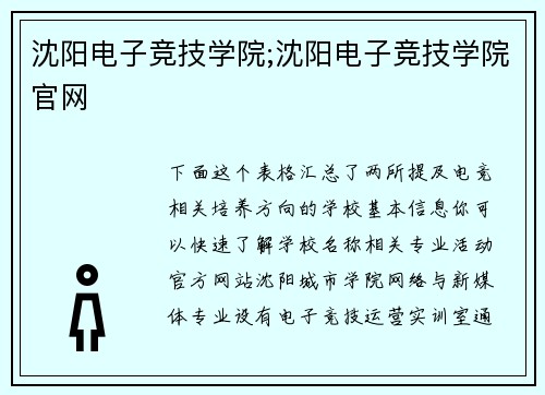 沈阳电子竞技学院;沈阳电子竞技学院官网