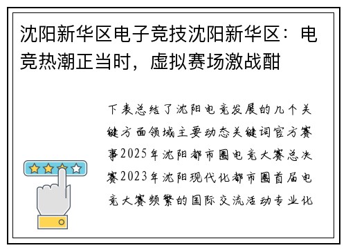 沈阳新华区电子竞技沈阳新华区：电竞热潮正当时，虚拟赛场激战酣